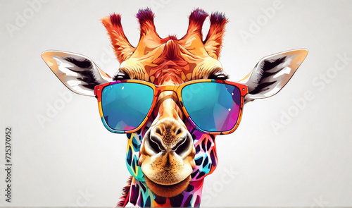 Cartoon colorful giraffe with sunglasses on white background. Created with generative AI