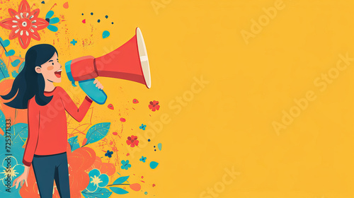 Shout out loud with megaphone. Young beautiful woman announces with a voice about promotions and advertisements for products at a discounted price. Shopping and fashion concept - AI Generated Abstract