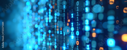 Binary data over a blue background with blurry pixels, featuring a bokeh effect. The illustration showcases blue digital binary code on a computer screen, creating a technological and abstract visual.