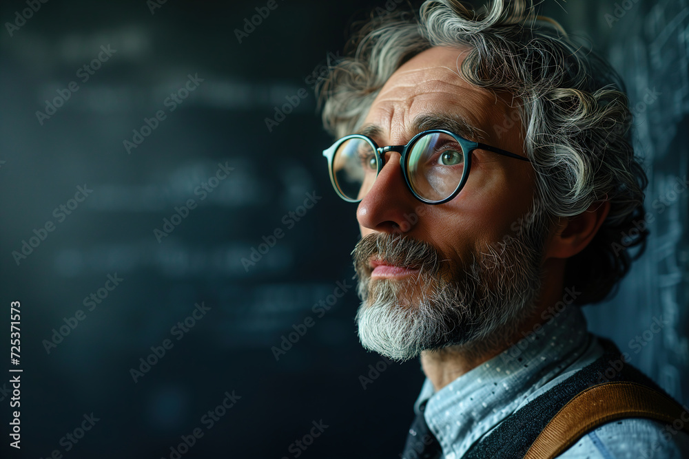 Intelligence, education banner with copy space. Portrait of a senior smart male professor in glasses against background of a black chalkboard in classroom Intelligence, education banner with copy space. Portrait of a senior smart male professor in glasses against background of a black chalkboard in classroom