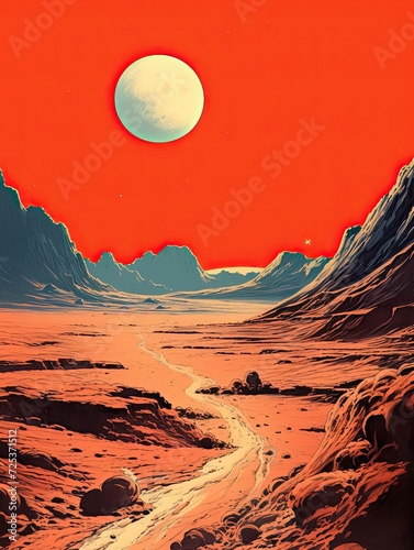 Vintage Space Exploration Posters: Red Martian Dunes in Desert Landscape Art