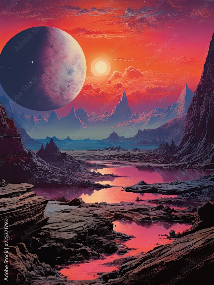 Vintage Space Exploration Posters: Twilight Landscape featuring Sunset Over Alien World
