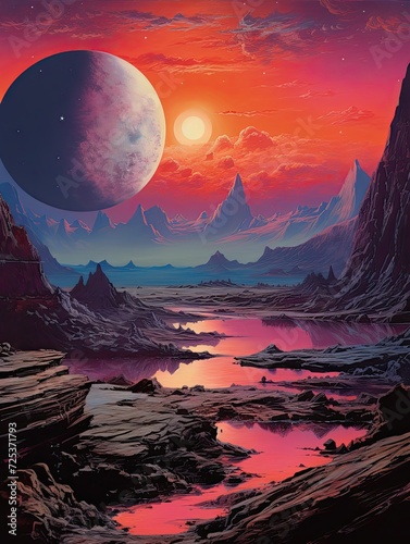 Vintage Space Exploration Posters  Twilight Landscape featuring Sunset Over Alien World