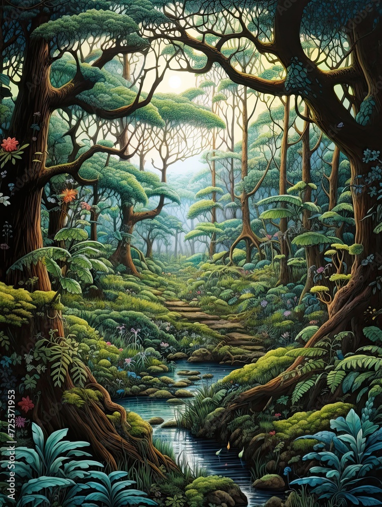 Whimsical Fairy Tale Tree Line Art: Enchanting Magical Woods Seascape Print.