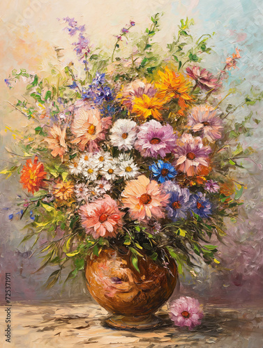 Painting vase of flowers vibrant bouquet of summer flowers, including roses and daisies