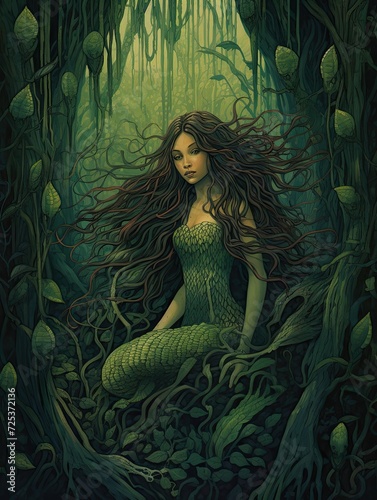 Whimsical Mermaid Sketches: Seaweed Forest Wall Art