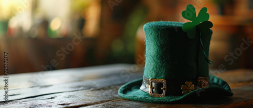Saint Patricks Day hat on table, irish holiday traditional lucky symbol leprechaun green color hat costume element festive carnival party lucky clover background. Happy St Patrick Day concept .