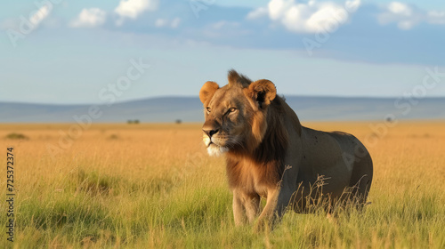 Single lion looking regal standing proudly on a small hill in Serengeti