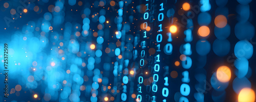 Binary data over a blue background with blurry pixels, featuring a bokeh effect. The illustration showcases blue digital binary code on a computer screen, creating a technological and abstract visual.