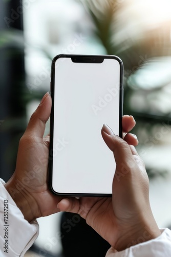 Mockup image of a female hands holding smartphone with blank white screen.