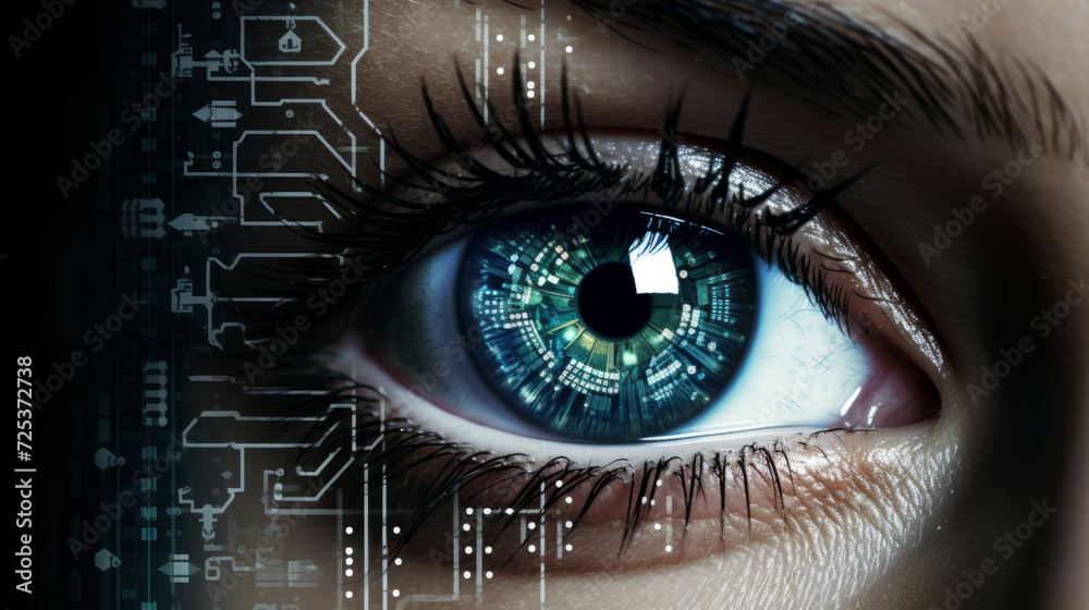 Close up of human eye with digital binary code