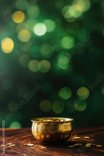 Saint Patricks Day pot with gold coins and four leaf clovers money rich leprechaun treasure on table, irish holiday traditional lucky symbol green golden background. Happy St Patrick Day concept .