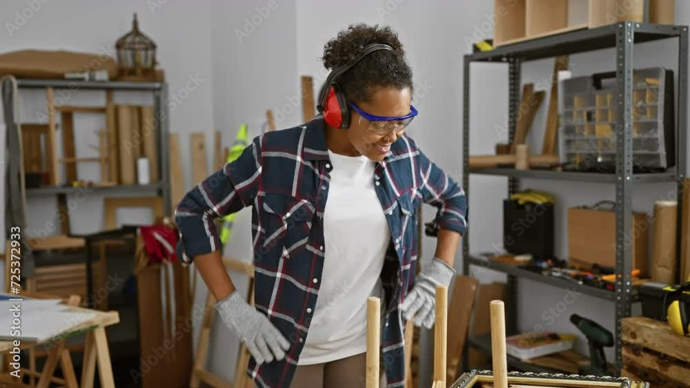 Smiling woman in safety gear assembles furniture in a workshop Smiling woman in safety gear assembles furniture in a workshop