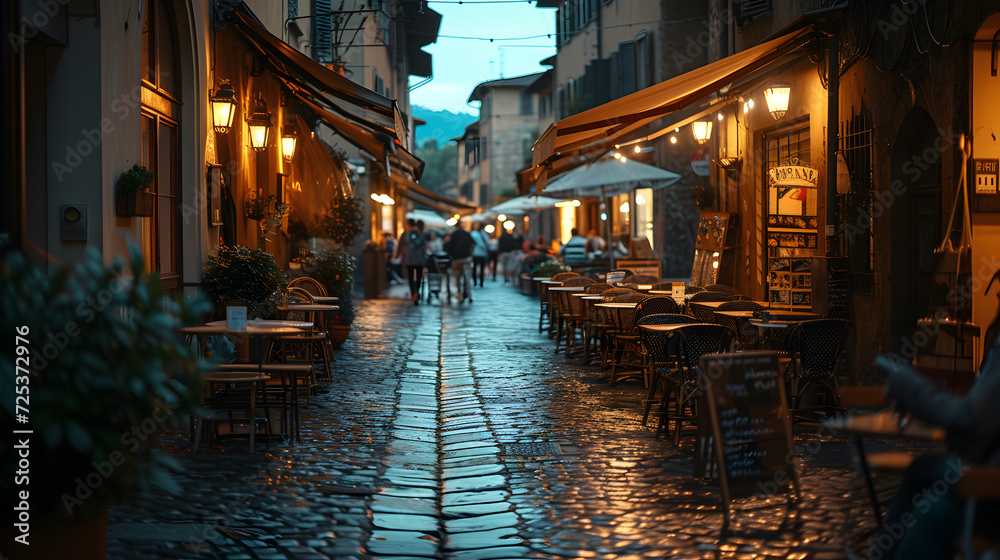 A street cafe, with cobblestone streets as the background, during a lively summer evening in Florence