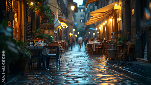 A street cafe  with cobblestone streets as the background  during a lively summer evening in Florence