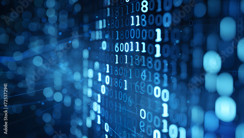 Binary data over a blue background with blurry pixels, featuring a bokeh effect. The illustration showcases blue digital binary code on a computer screen, creating a technological and abstract visual. © jex