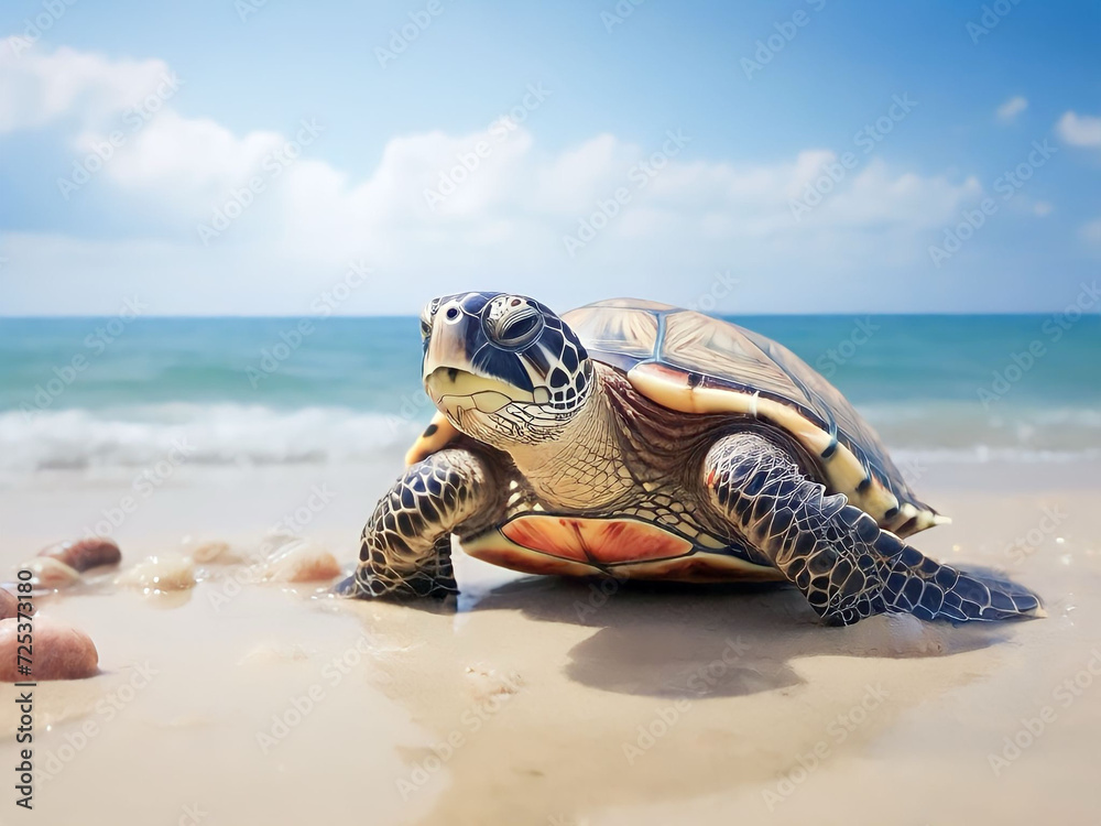 Turtle on the beach in the tropics.