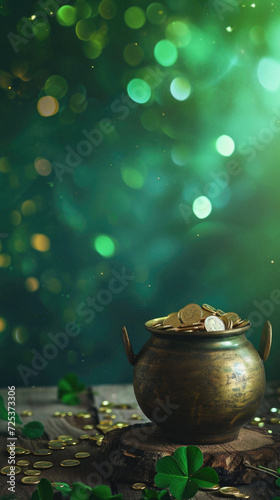 Saint Patricks Day pot with gold coins and four leaf clovers money rich leprechaun treasure on table, irish holiday traditional lucky symbol green golden background. Happy St Patrick Day concept .