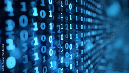 Binary data over a blue background with blurry pixels, featuring a bokeh effect. The illustration showcases blue digital binary code on a computer screen, creating a technological and abstract visual. © jex