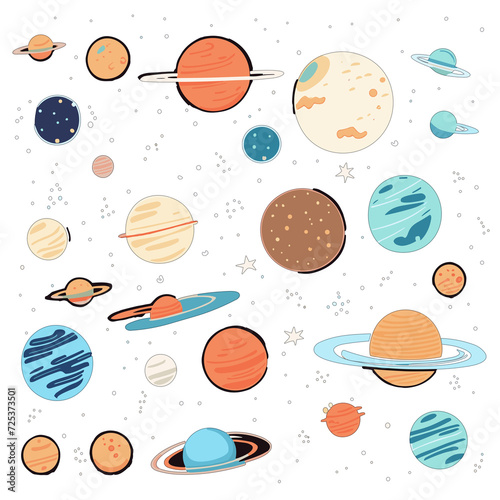 Set of Hand drawn Cosmic Ballet of Planets and Stars, Space Collections
