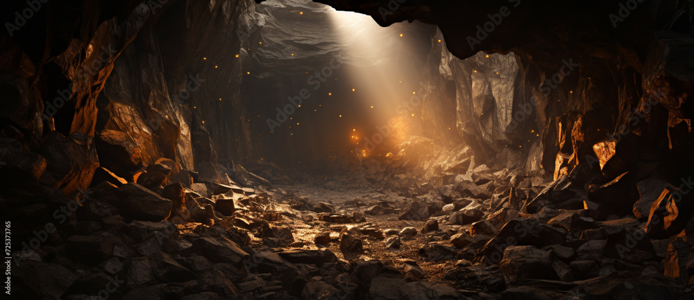 large foggy illuminated underground cave in limestone rock i - obrazy, fototapety, plakaty 