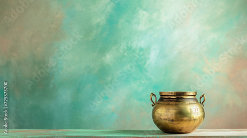 Vintage copper pot on wooden table against blue and green background .