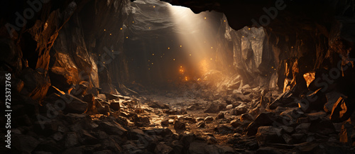 large foggy illuminated underground cave in limestone rock i photo