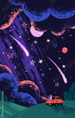 Dreaming couple hugs, looks up at starlight sky. People with car stand on nature, outdoor. Universe with planets, constellations, falling stars. Night meadow landscape. Flat vector illustration