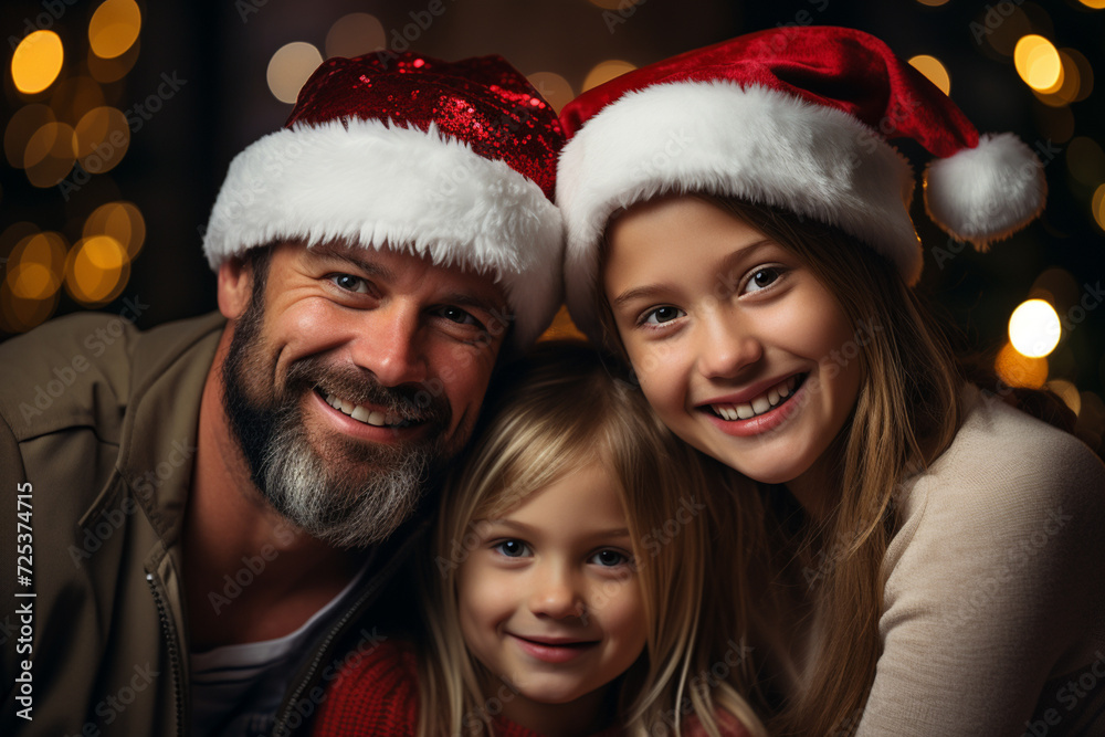 Christmas. Family. Happiness. Dad, mom and daughter in Santa hats are posing at camera and smiling while sitting near the Christmas tree at home Christmas. Family. Happiness. Dad, mom and daughter in Santa hats are posing at camera and smiling while sitting near the Christmas tree at home