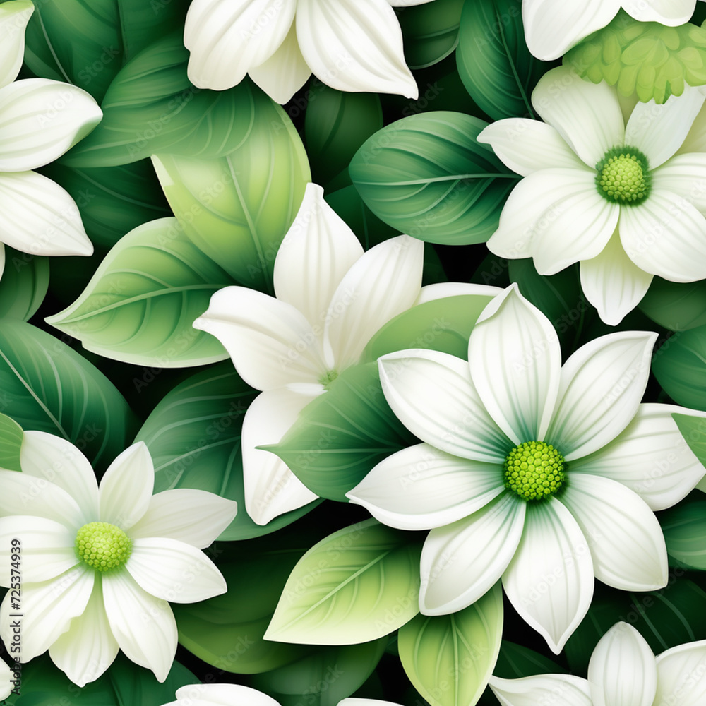 seamless pattern with white and green flowers