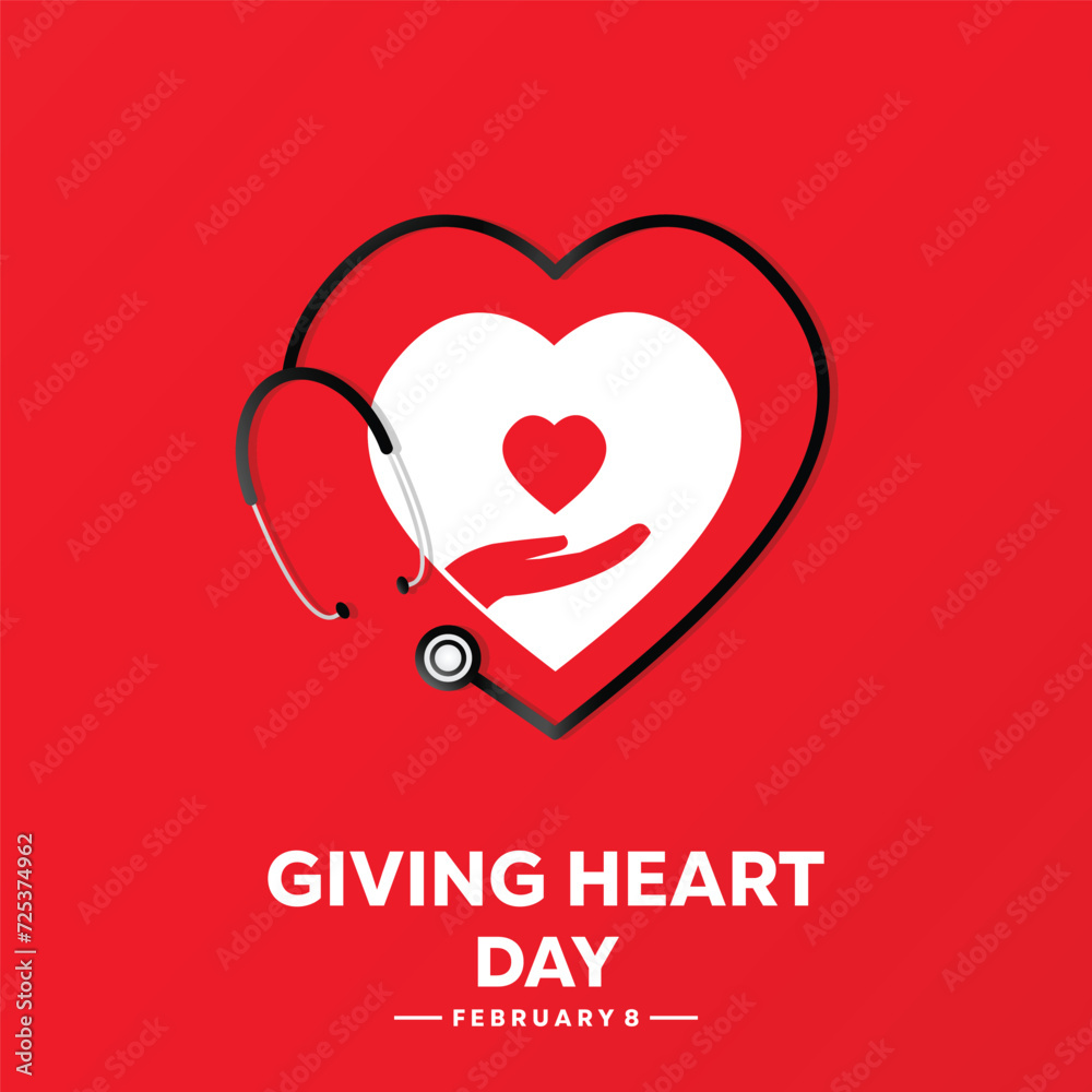 Giving Heart Day is celebrated every year on February 8. With vector illustration of Heart and stestopskop. Banners, cards, posters, social media and more.