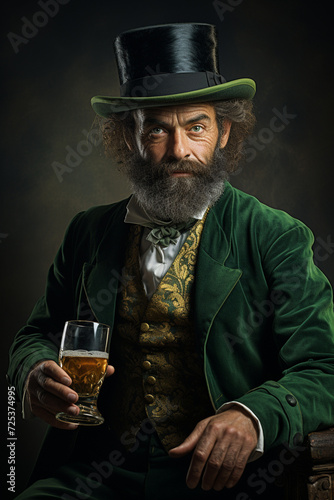 Old Caucasian male celebrating St Patrick's day with a glass of beer. The old man is wearing a St Patrick's day themed shirt with a stylish green hat.