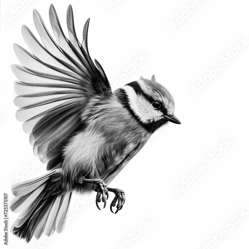 Pencil Sketch of Blue Tit Bird in Flight Wings Outstretched