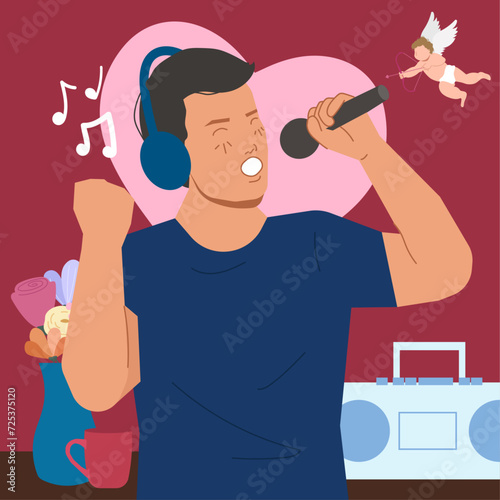 man celebrate valentines alone singing karaoke in flat illustration