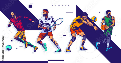 Sports athlete design in grunge design style. football, tennis, basketball and volleyball athletes. isolated on white background abstract sport concept. design for national sports day celebration.