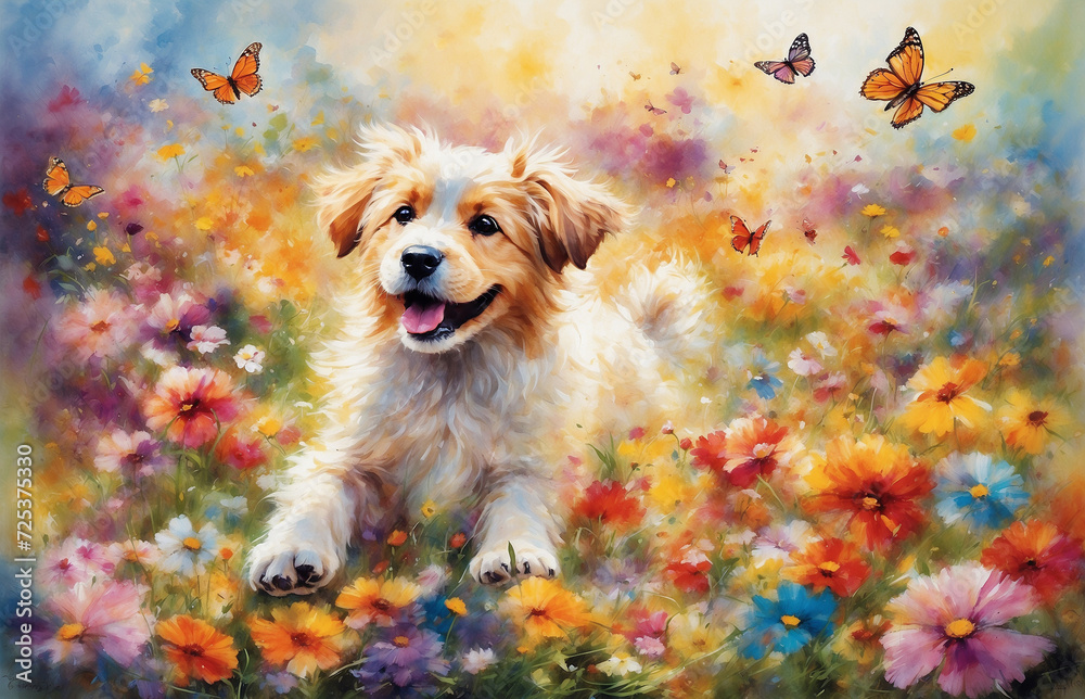 Cute dog in a flowering field