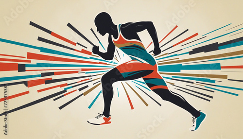 Sprinting man vector silhouette. Sprint, fast run. Runner starts running. Start. Vintage Striped Backgrounds, Posters, Banner Samples, Retro Colors from the 1970s 1980s, 70s, 80s, 90s. retro vintage