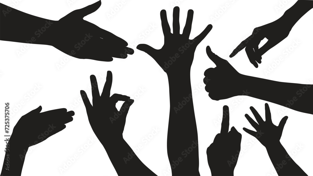 set of hand silhouettes isolated on white, Vector collection of human hands of different gestures, hands gesturing black, Black hands silhouettes, vector illustration set of hand silhouettes isolated on white, Vector collection of human hands of different gestures, hands gesturing black, Black hands silhouettes, vector illustration