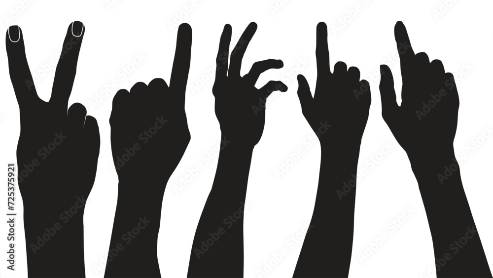 set of hand silhouettes isolated on white, Vector collection of human hands of different gestures, hands gesturing black, Black hands silhouettes, vector illustration