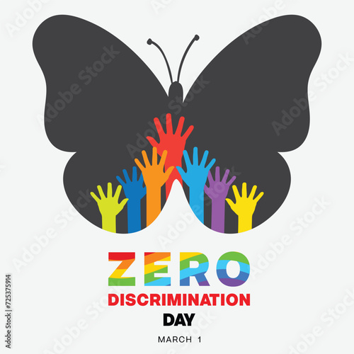 Zero Discrimination Day design. It features colorful hand inside a black butterfly. Vector illustration
