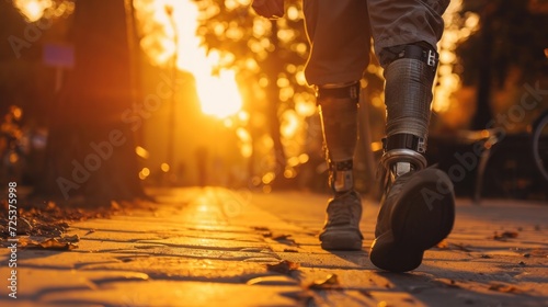 athlete man with prosthetic leg walking outdoor, close up at disabled young man with prosthetic leg walking along the street, prostheses standing, one way to win is to be yourself, generate by AI. photo