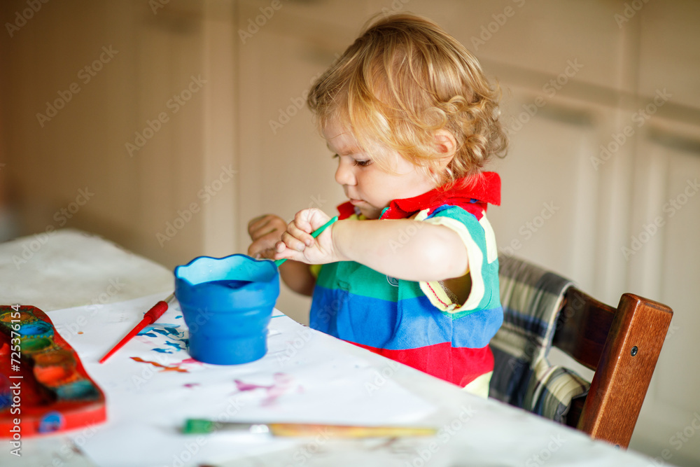 Cute adorable baby girl learning painting with water colors. Little toddler child drawing at home, using colorful brushes. Healthy happy daughter experimenting with colors, water at home or nursery. Cute adorable baby girl learning painting with water colors. Little toddler child drawing at home, using colorful brushes. Healthy happy daughter experimenting with colors, water at home or nursery.