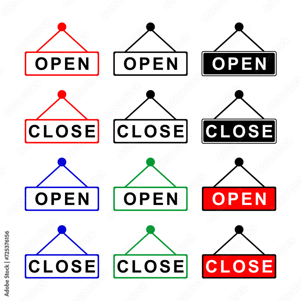 Open and close icon set. Open and close hanger board icons on transparent background. Open and close board symbol hanging in shop, restaurant, vector illustration. Business concept for closed and open Open and close icon set. Open and close hanger board icons on transparent background. Open and close board symbol hanging in shop, restaurant, vector illustration. Business concept for closed and open