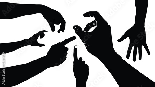 set of hand silhouettes isolated on white, Vector collection of human hands of different gestures, hands gesturing black, Black hands silhouettes, vector illustration