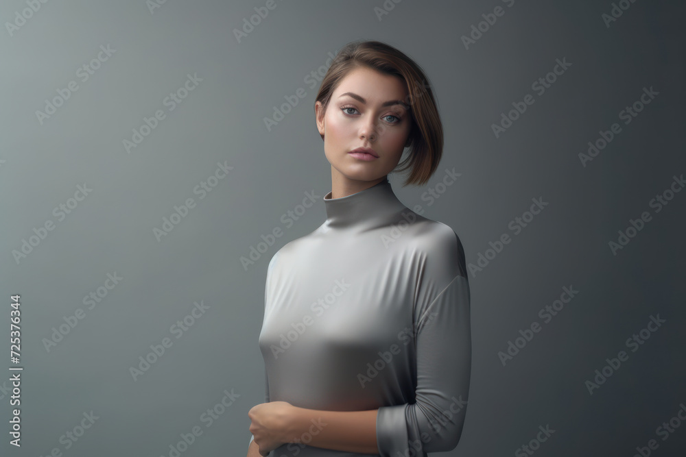 Obraz premium Smiling blonde woman with elegant style, posing, showcasing glamour and beauty in a studio portrait on gray background