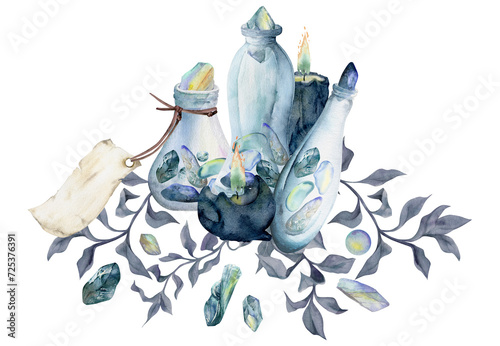 Hand drawn watercolor illustration sea witch altar objects. Glass vial jar blank tag, precious stones, burning candle algae leaves. Composition isolated on white background. Design print, shop, magic