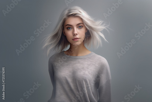 Smiling blonde woman with elegant style, posing, showcasing glamour and beauty in a studio portrait on gray background © 361 Portrait Studio
