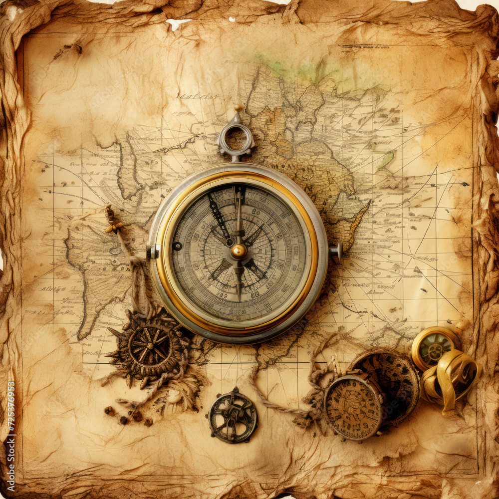 An old compass against the backdrop of a vintage map, generative AI An old compass against the backdrop of a vintage map, generative AI