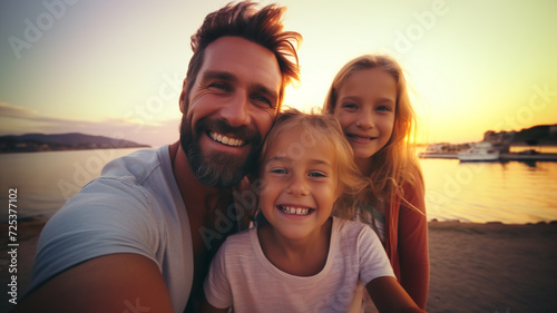 happy family laughing and looking at camera with sea view background