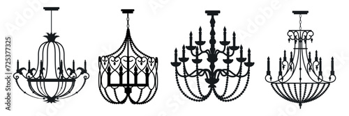Set of beautiful silhouettes of chandeliers in a cartoon style. Vector illustration of elegant different chandeliers with candlesticks isolated on white background. Vintage interior element. photo